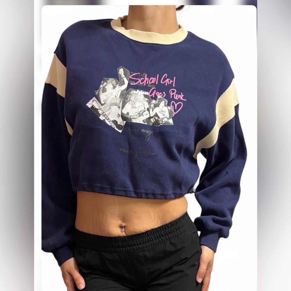 Navy and Cream Graphic Women's Crew Neck Sweater